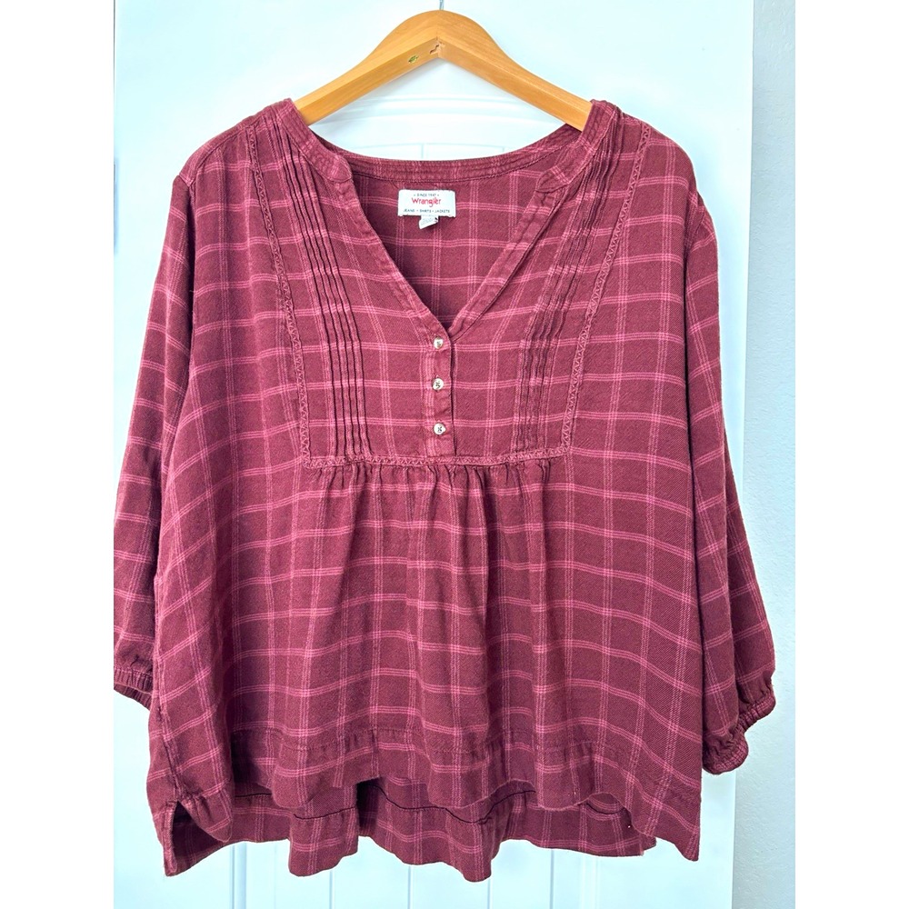 Wrangler Women's burgundy Plaid V-Neck Blouse XXL western cottagecore